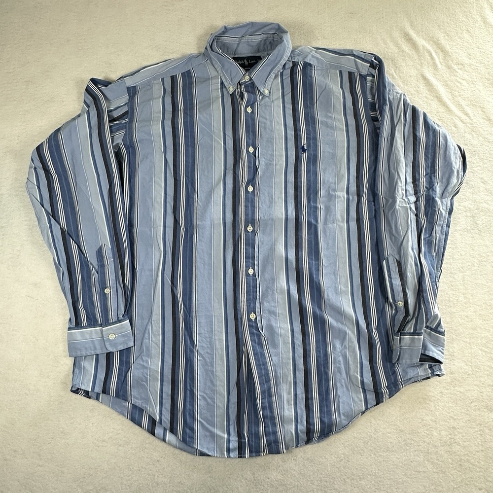 Vintage Polo Ralph Lauren Shirt Mens 2XL Blue Striped‎ Button Down Classic Fit
